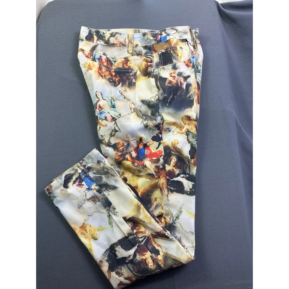 Renaissance Oil Painting Print Slim Fit Pants Angels Cherubs Multi Color 36x30